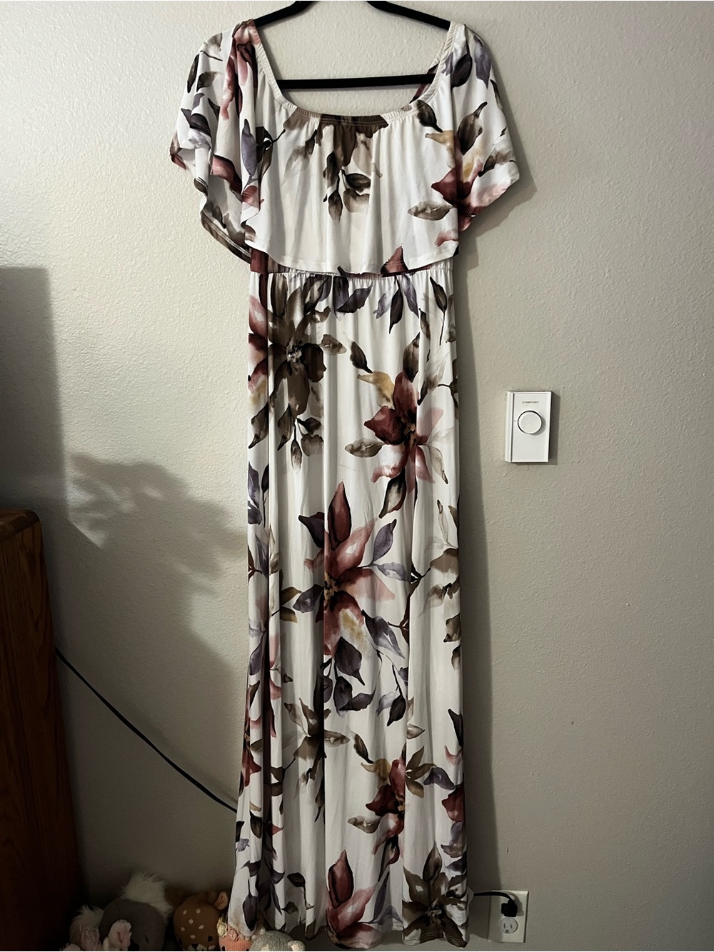 Hello MIZ maternity White Maxi Dress with Mauve and Taupe Floral Print